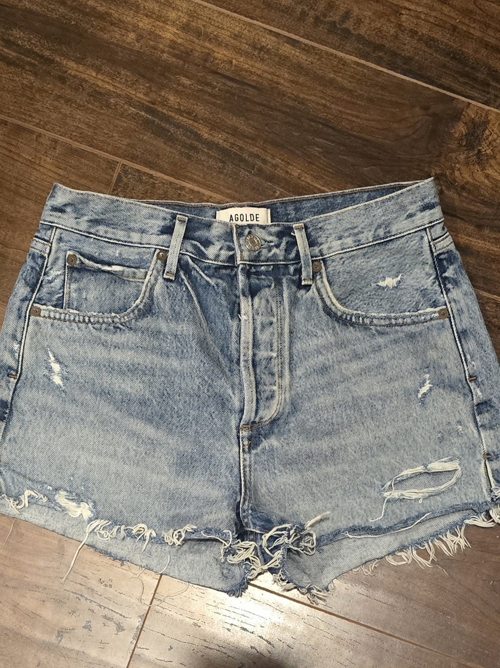Agolde Washed Light Blue High-Rise Distressed Denim Shorts